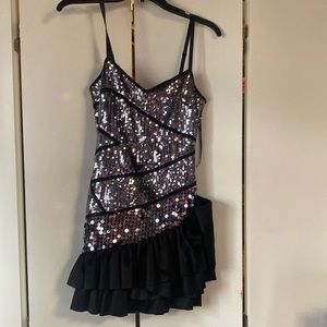 Bebe sequin black satin ruffle party dress